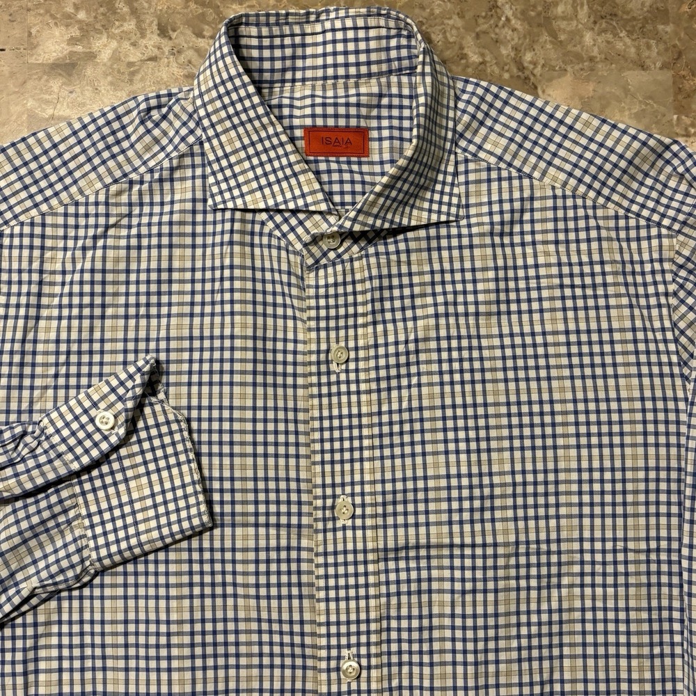 Isaia Shirt Mens 16 41 White Check Long Sleeve Button Cotton Twill FAIR